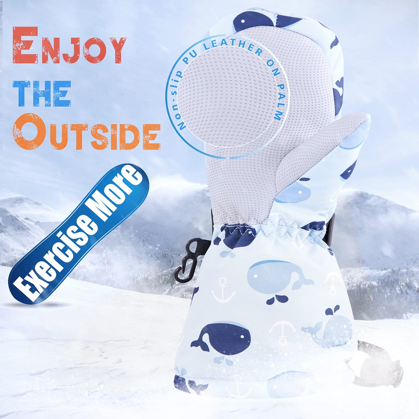 Winter Kids Waterproof Gloves For Boys Girls Snow Ski Toddler Baby Mittens Outdoor For Infant Teens 1-5T (N-Blue Whale, M(2-4T))