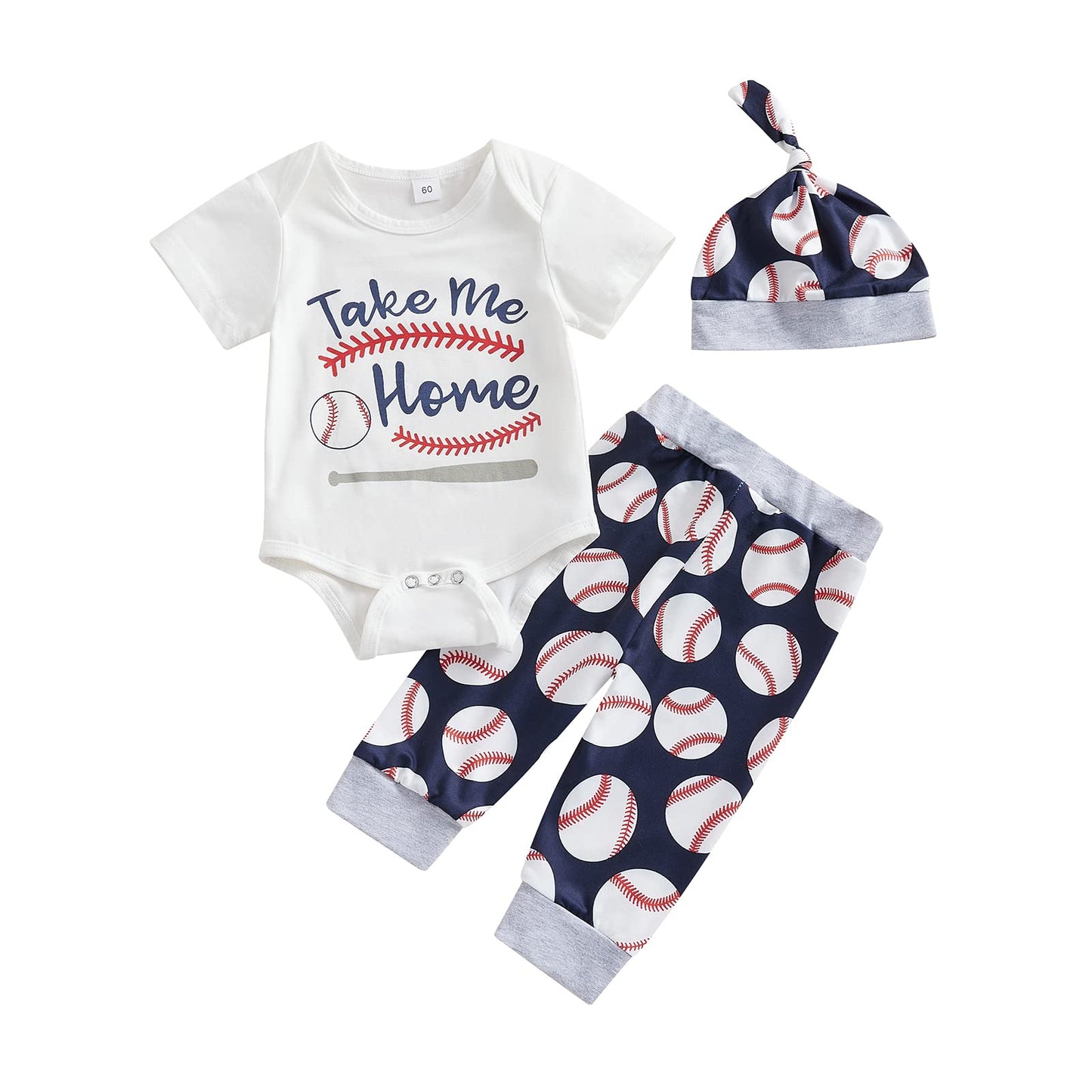 Chloefairy Newborn Baby Boy Baseball Outfit New Player in Town Romper Baseball Jogger Pants 3Pcs Coming Home Outfit (White-take 