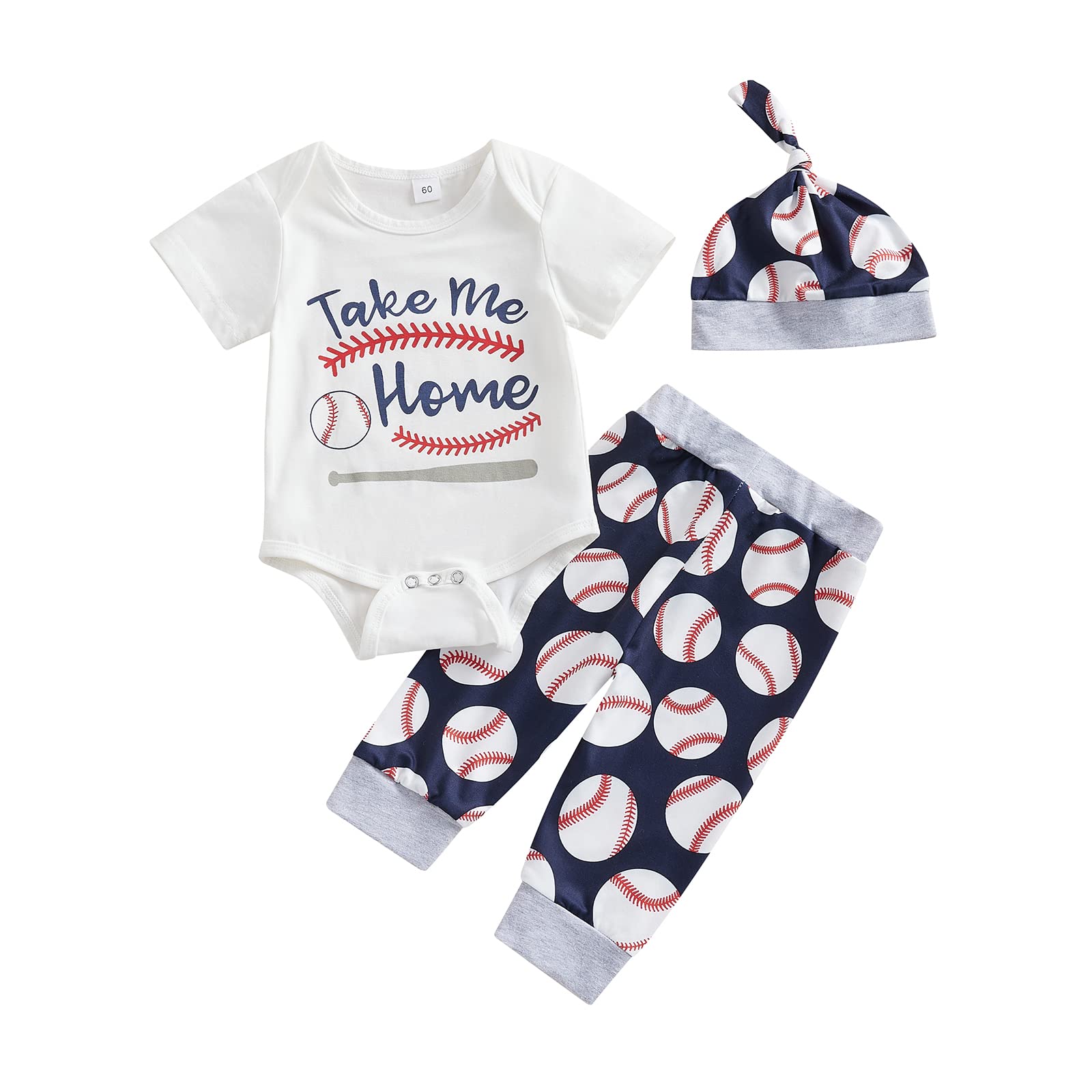 Chloefairy Newborn Baby Boy Baseball Outfit New Player in Town Romper Baseball Jogger Pants 3Pcs Coming Home Outfit (White-take 