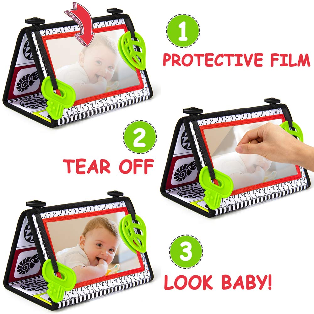teytoy Tummy Time Baby Mirror Toys with Teethers, Double Black and White High Contrast Baby Toys 0-6 Months, Foldable Floor Sens