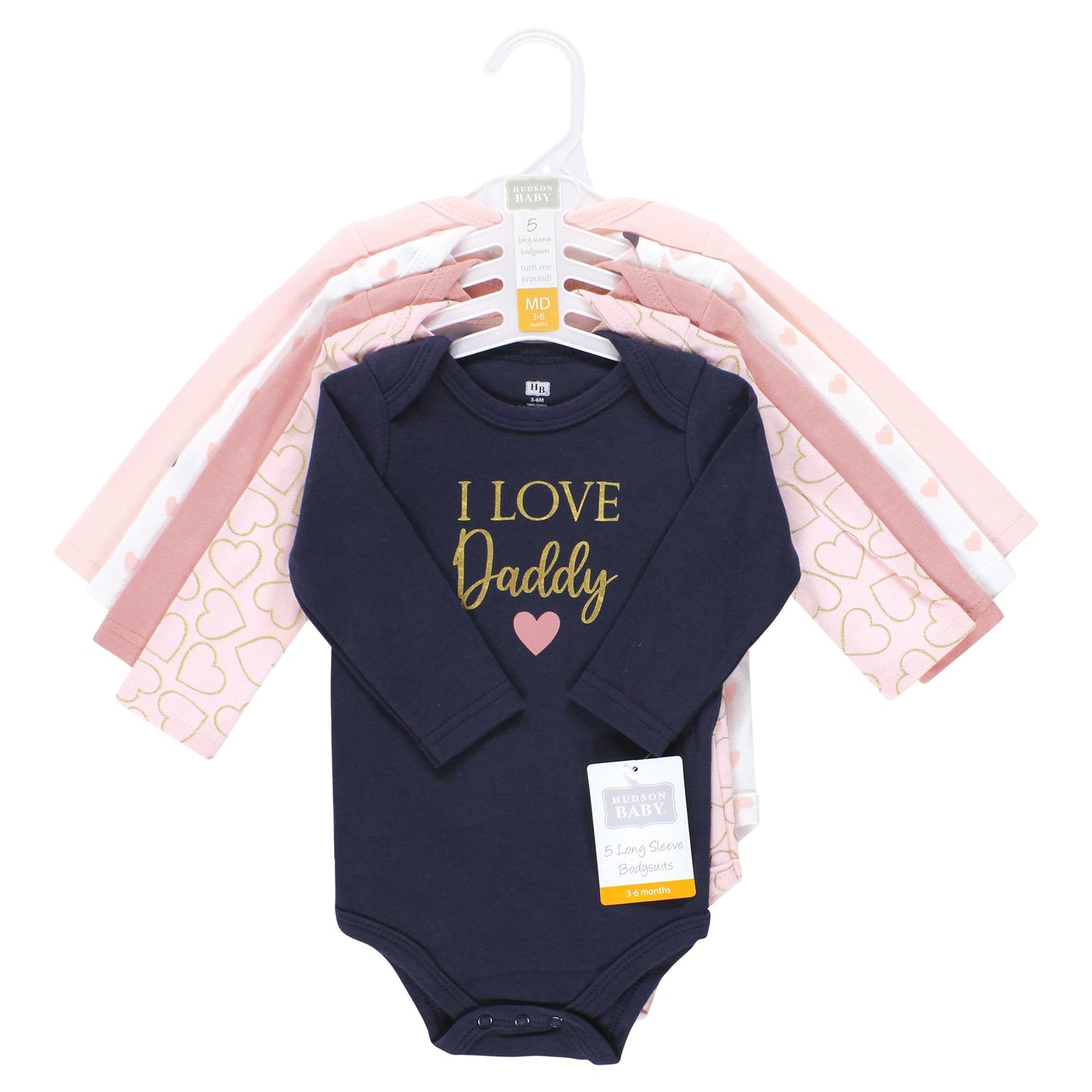 Hudson Baby Unisex Baby Cotton Long-Sleeve Bodysuits, Girl Daddy Pink Navy, 9-12 Months