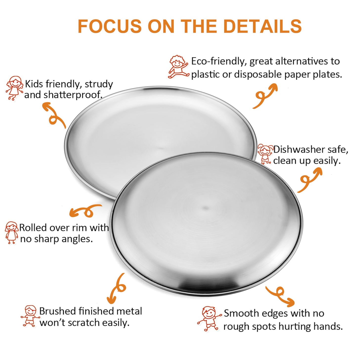 E-Far Stainless Steel Plates Set Of 6, 8-Inch Metal Dinner Plates For Kids Toddlers, Great For Self-Feeding/Picnic/Outdoor Campi
