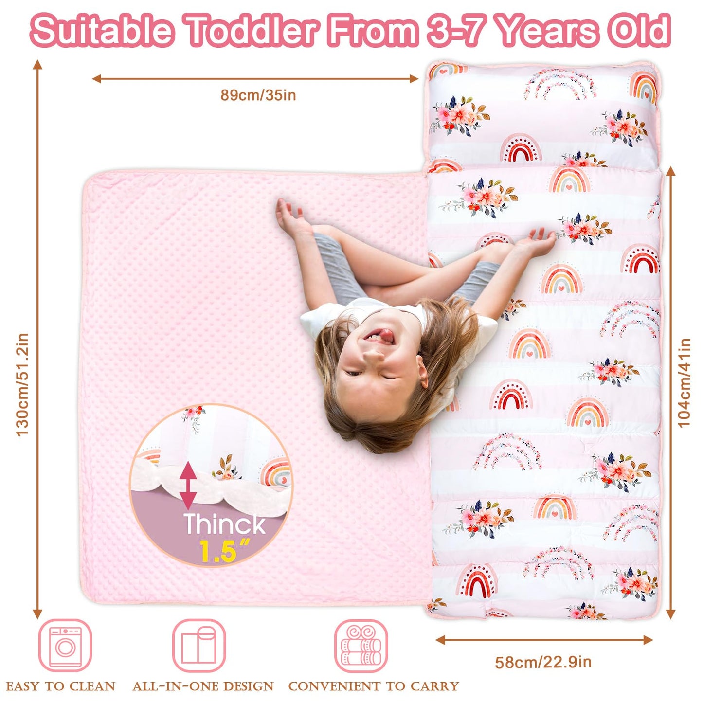 Toddler Nap Mat With Removable Pillow And Soft Dot Minky Blanket Pea Pod Kids Rainbow Floral Napping Mats Extra Large Rolled Slu