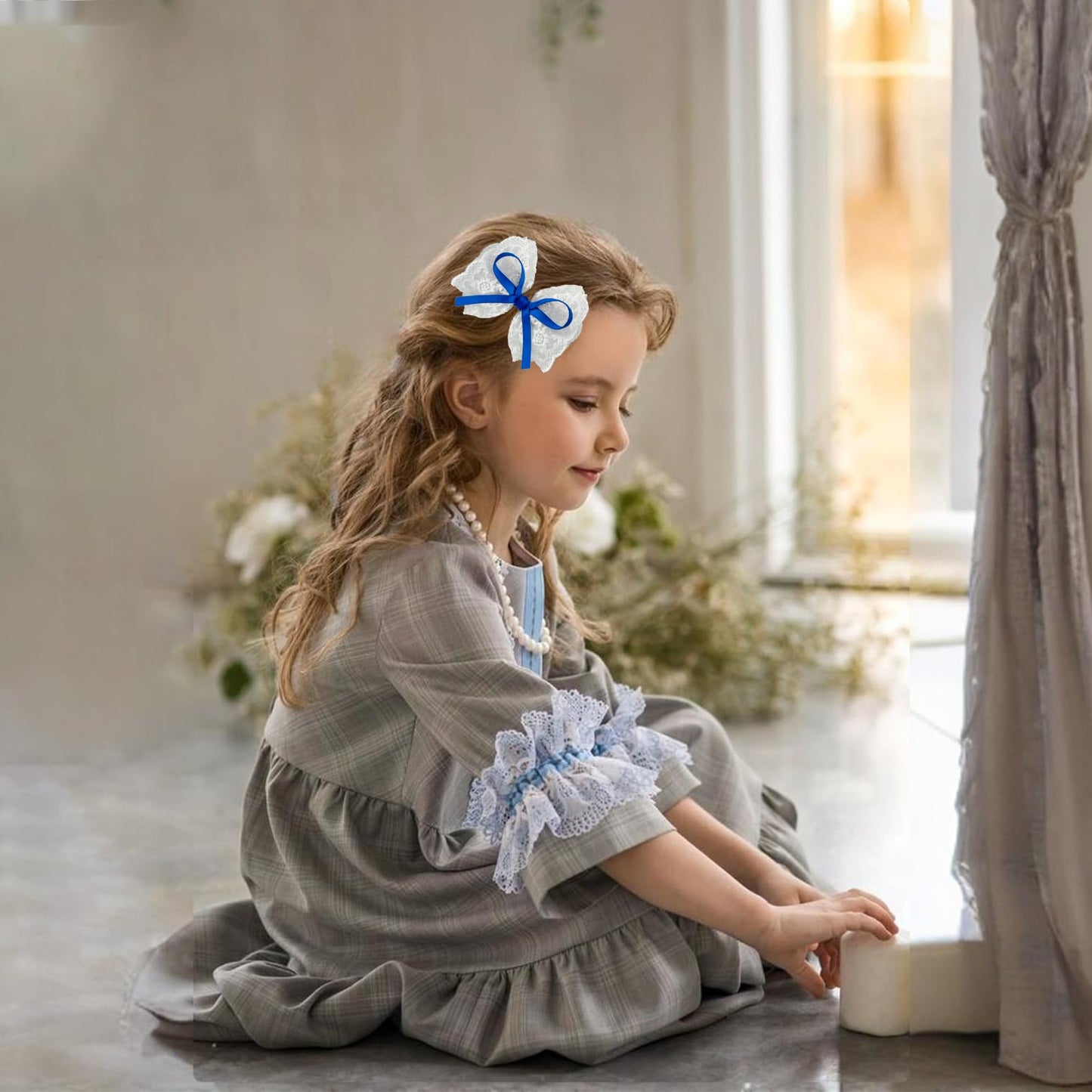 Lmymhmlm 2Pcs Blue Hair Bows For Girls, White Lace Bow With Blue Ribbon, Alligator Bow Hair Clips, Handmade Hair Accessories For