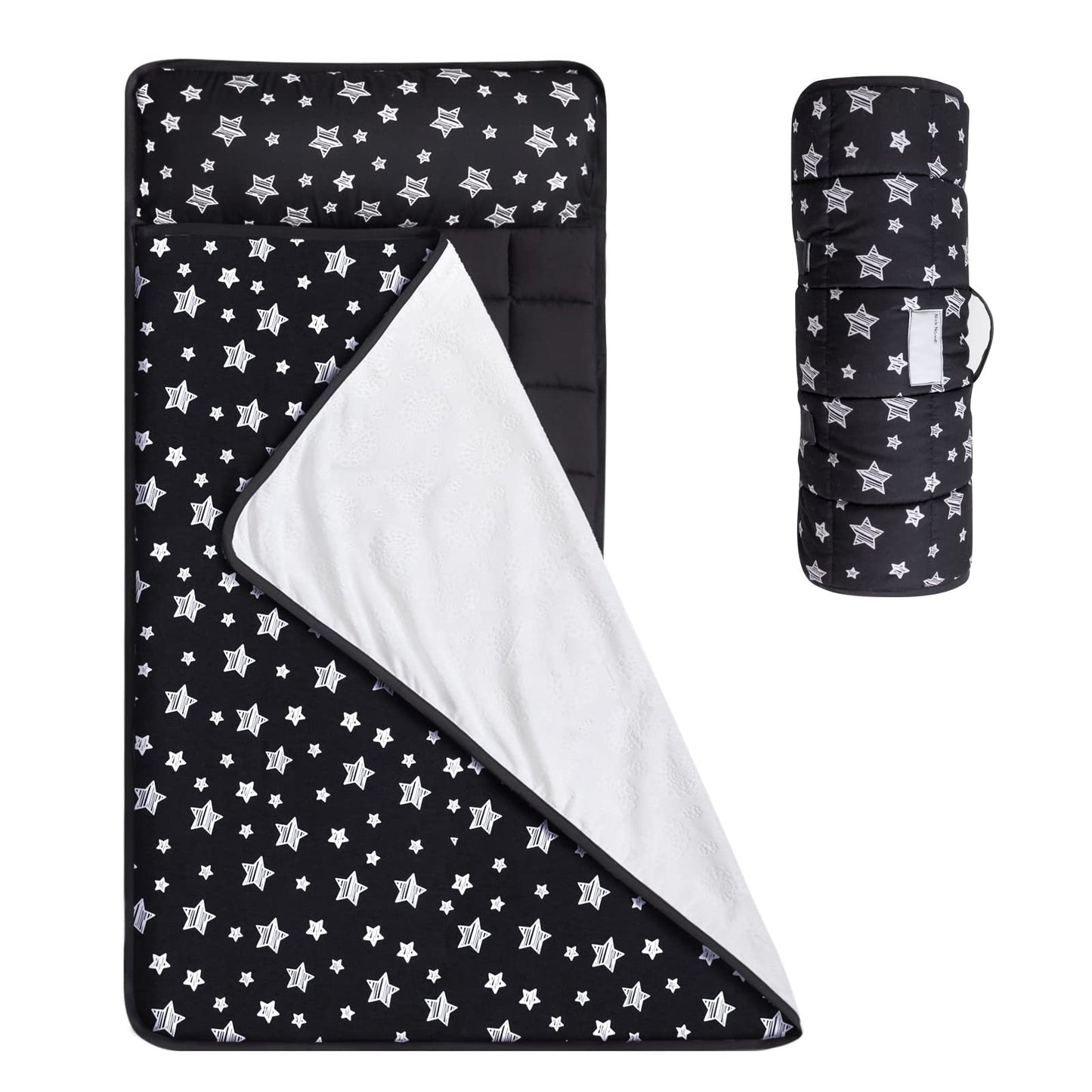 Toddler Sleeping Bag Nap Mat Black With Removable Pillow And Fleece Minky Blanket, Lightweight, Soft Perfect For Kids Preschool,