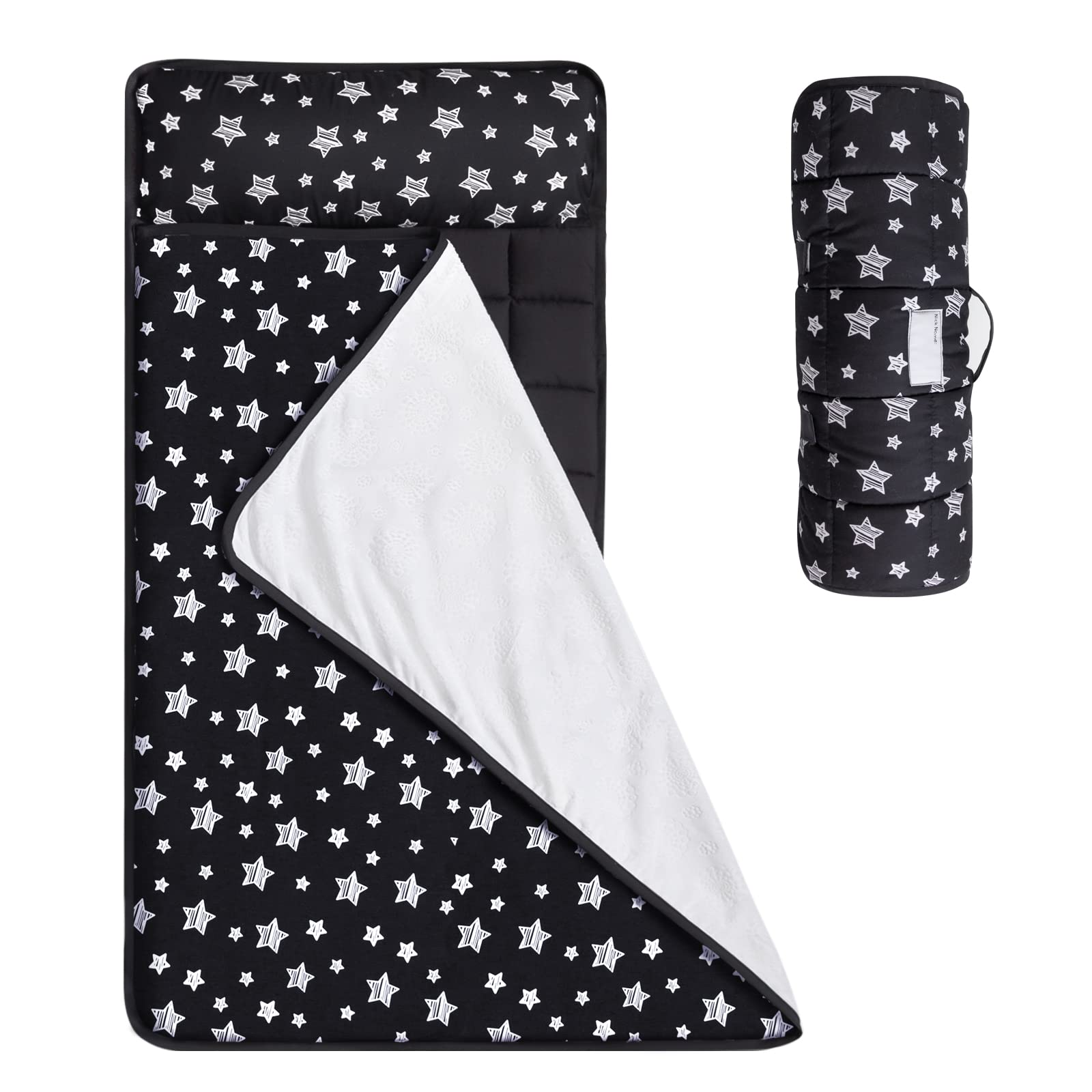 Toddler Sleeping Bag Nap Mat Black With Removable Pillow And Fleece Minky Blanket, Lightweight, Soft Perfect For Kids Preschool,