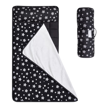 Toddler Sleeping Bag Nap Mat Black With Removable Pillow And Fleece Minky Blanket, Lightweight, Soft Perfect For Kids Preschool,