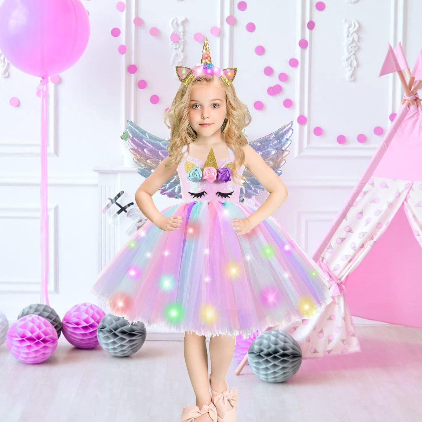 Led Lighted Up Unicorn Costumes For Girls Birthday Decorations Halloween Christmas Party Outfit Sequin Princess Tutu Dress 7 8 Y
