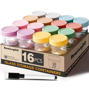Rowinsydd 16 Pack Glass Baby Food Storage Containers, 4 Oz Leakproof Baby Food Jars With Lids, Small Glass Food Containers For I