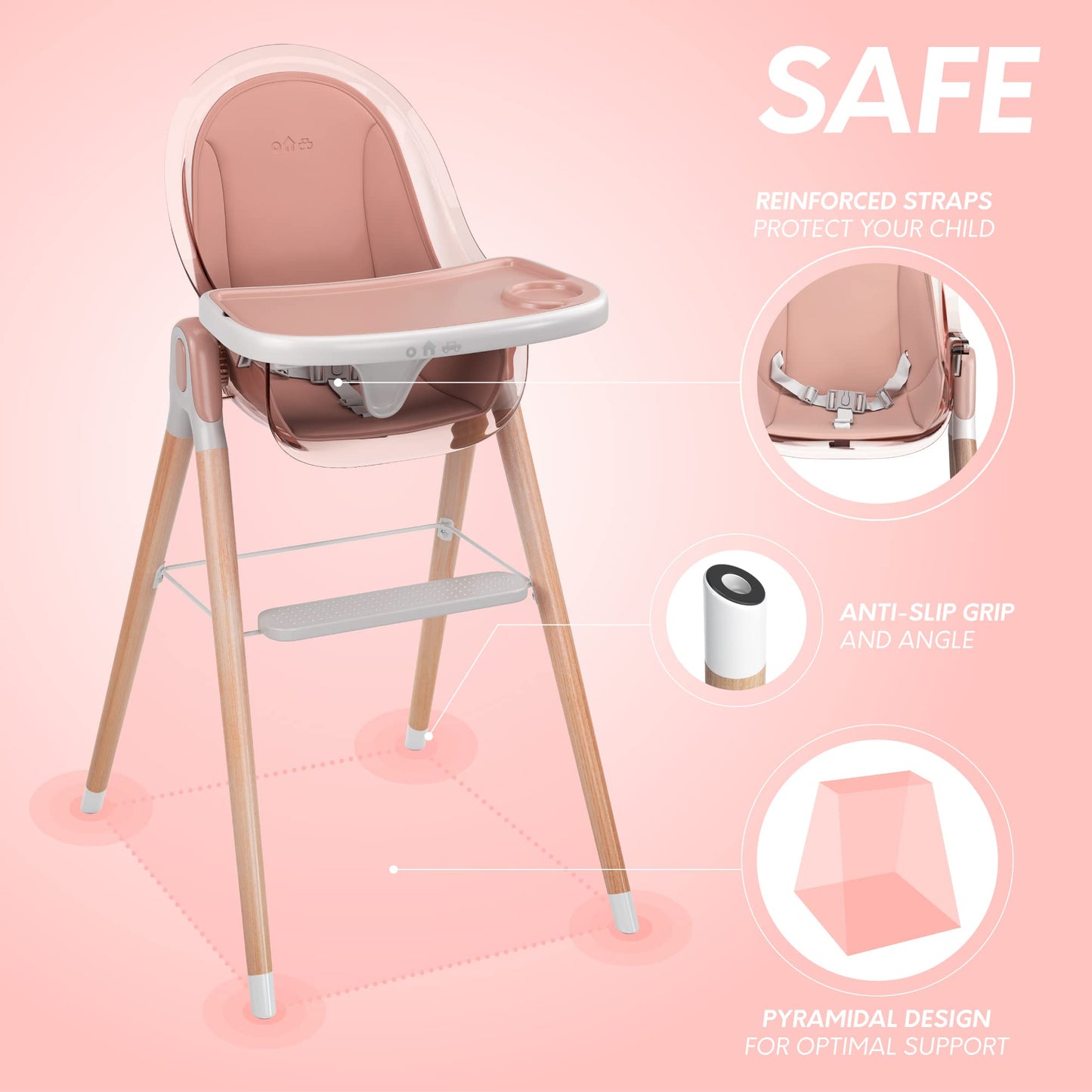 Children of Design 6 in 1 Deluxe Wooden High Chair for Babies & Toddlers Modern Safe Compact Baby Highchair, Easy to Clean, Remo