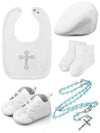 5 Pcs Baptism Gifts for Baby Boys Include White Embroidered Cross Bib Christening Socks Shoes Baptism Hat and Rosary christening