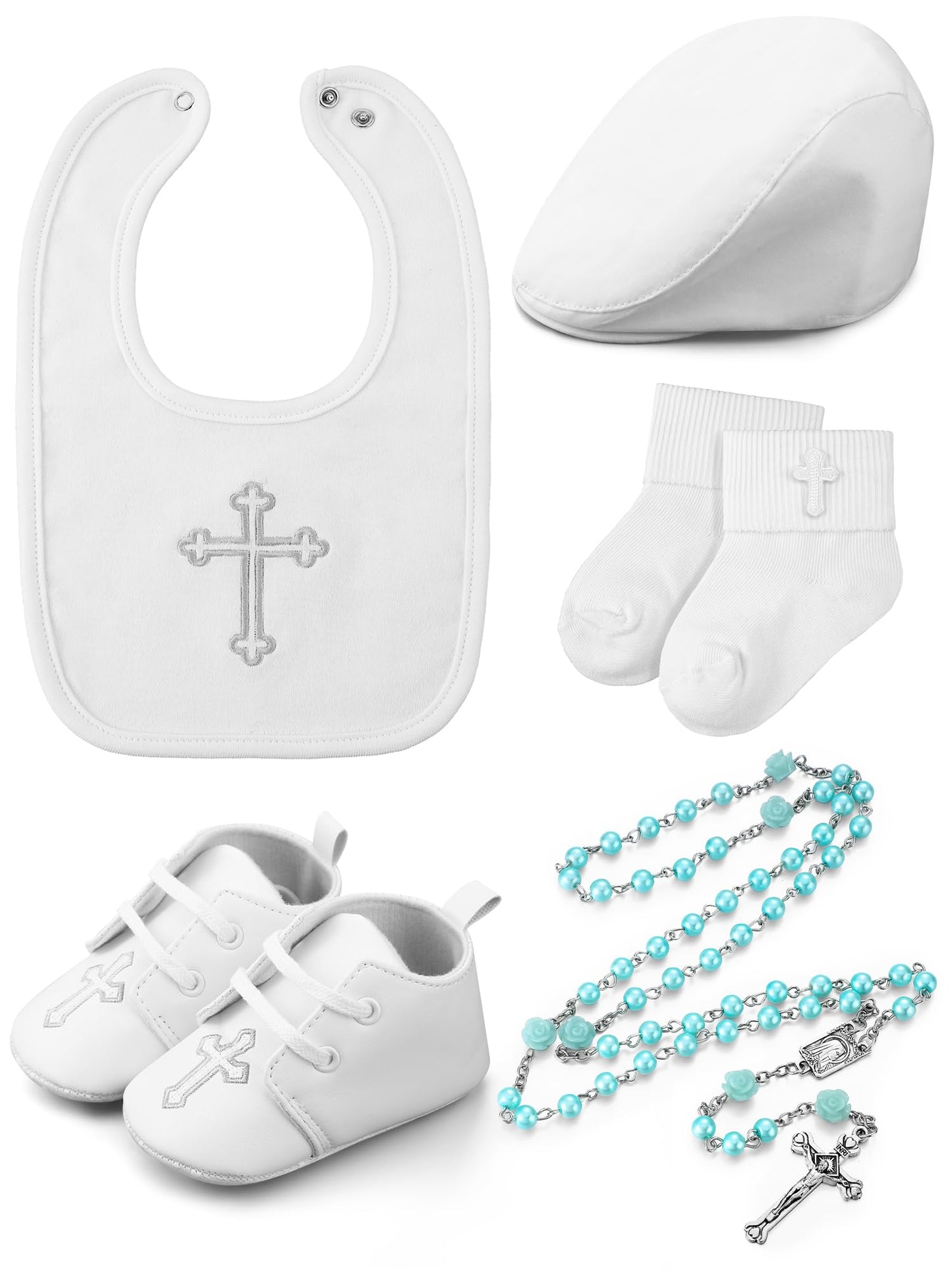 5 Pcs Baptism Gifts for Baby Boys Include White Embroidered Cross Bib Christening Socks Shoes Baptism Hat and Rosary christening