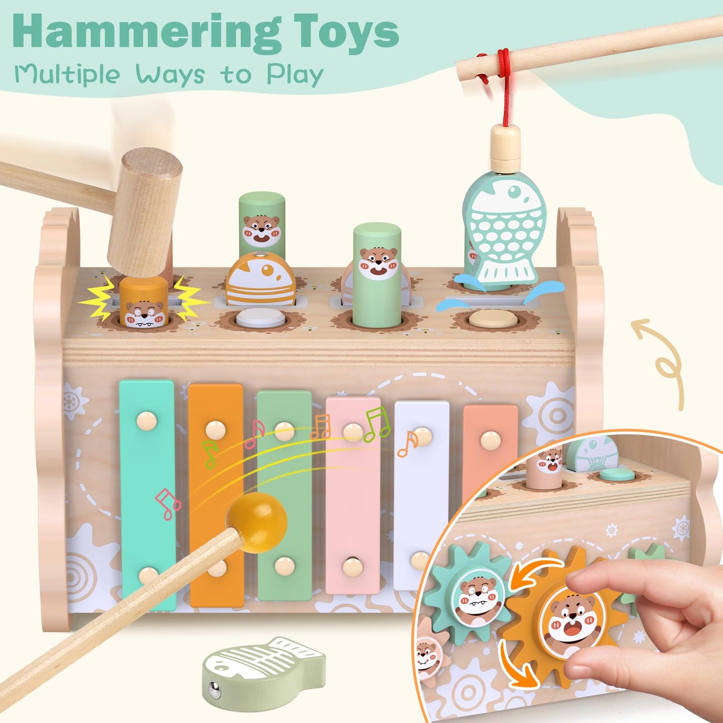 Wooden Montessori Toys for Toddlers 1-3, Baby Pounding Hammering Toy with Xylophone & Fishing Game, Car Ramp Racer, Stacking Blo