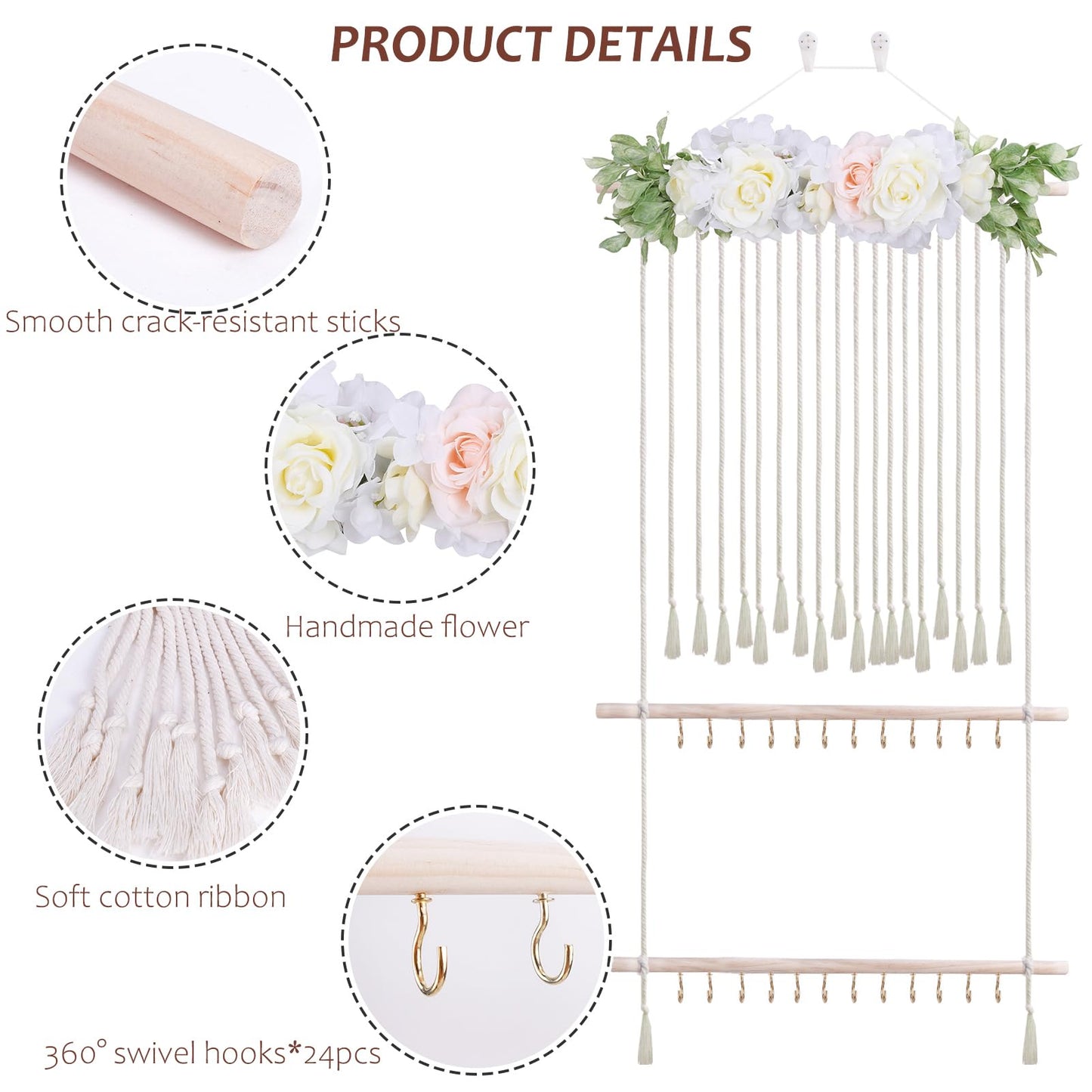 Cherrboll Hair Bow Holder For Girls, Headband Organizer W/24 Hooks, Hanging Hair Clips Organization For Nursery Decor Room Wall