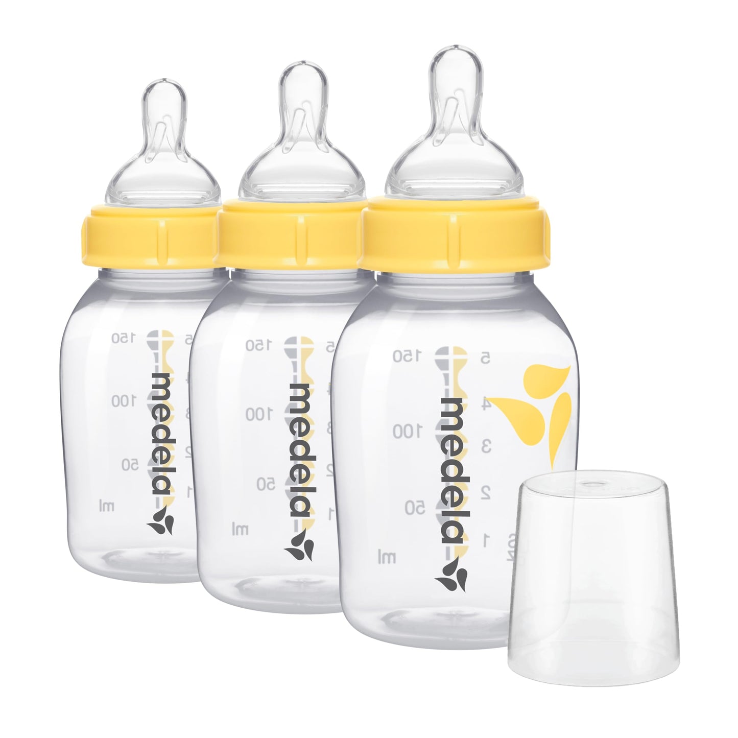 Medela Slow Flow Feeding & Storage Bottles, 3 Pack of 5 Ounce Bottle with Nipple, Lids, Wide Base Collars, and Travel Caps, Made