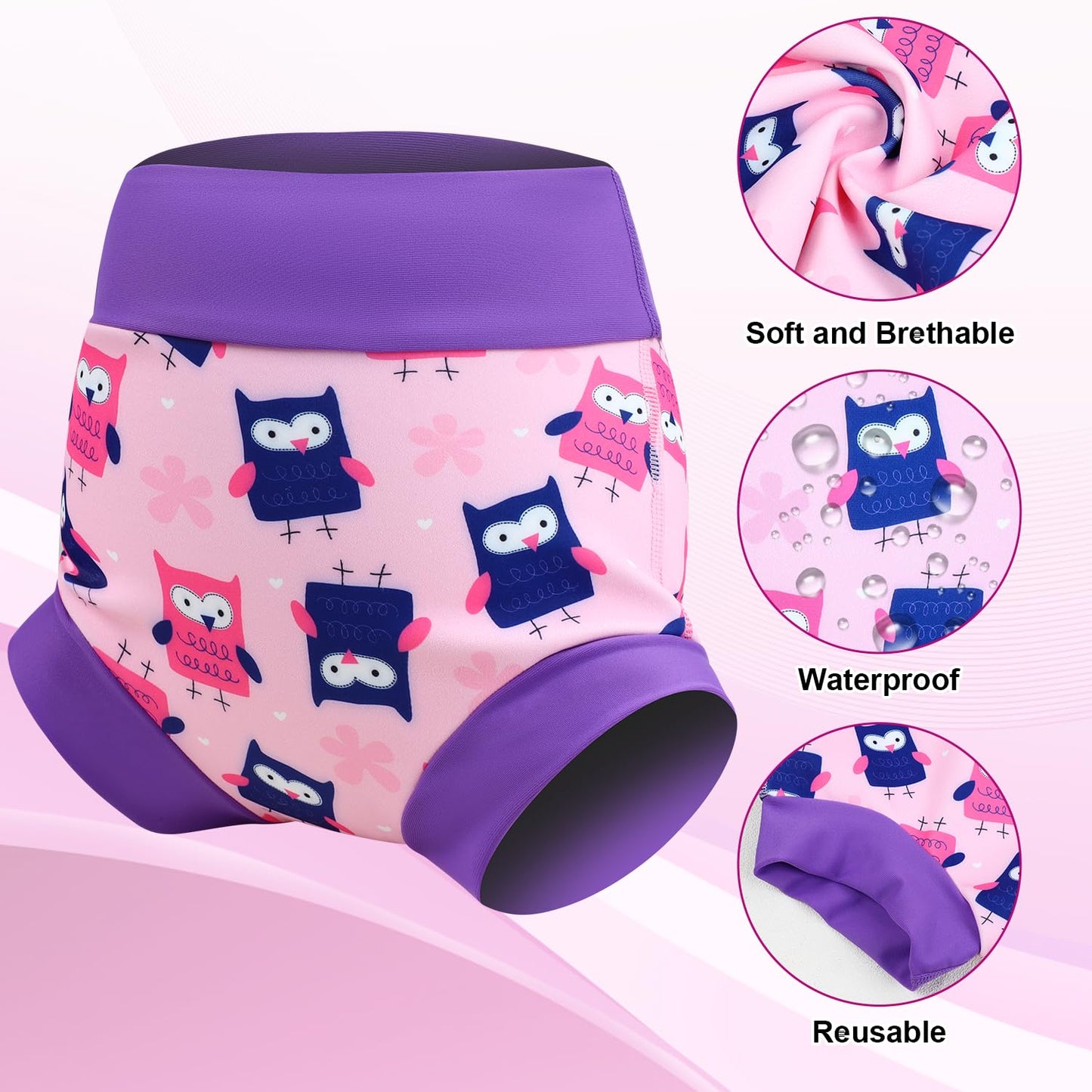 Moomoo Baby Swim Diapers 3 Pcs Waterproof Reusable Swim Diapers For Baby Swim Lesson 3T, Pink