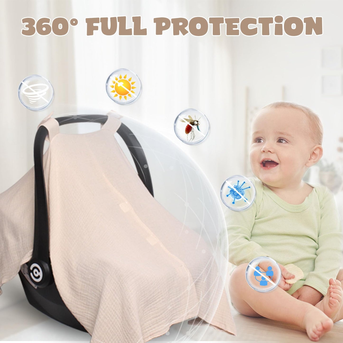 Boryokun Baby Car Seat Cover Muslin Infant Carseat Canopy, Peekaboo Opening Car Seat Covers, Unisex Large Universal Fit Lightwei