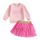 Lagkiyoj Toddler Girls Valentines Day Outfits Long Sleeve Letter Print/Embroidery Sweatshirt+Tulle Skirt Set Baby Clothes (Pink
