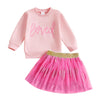 Lagkiyoj Toddler Girls Valentines Day Outfits Long Sleeve Letter Print/Embroidery Sweatshirt+Tulle Skirt Set Baby Clothes (Pink