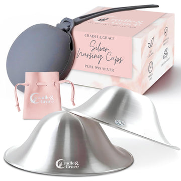 Cradle & Grace Pure 999 Silver Nursing Cups With Gray Carrying Case, Silver Nipple Shields For Breastfeeding Newborn, Silver Nip