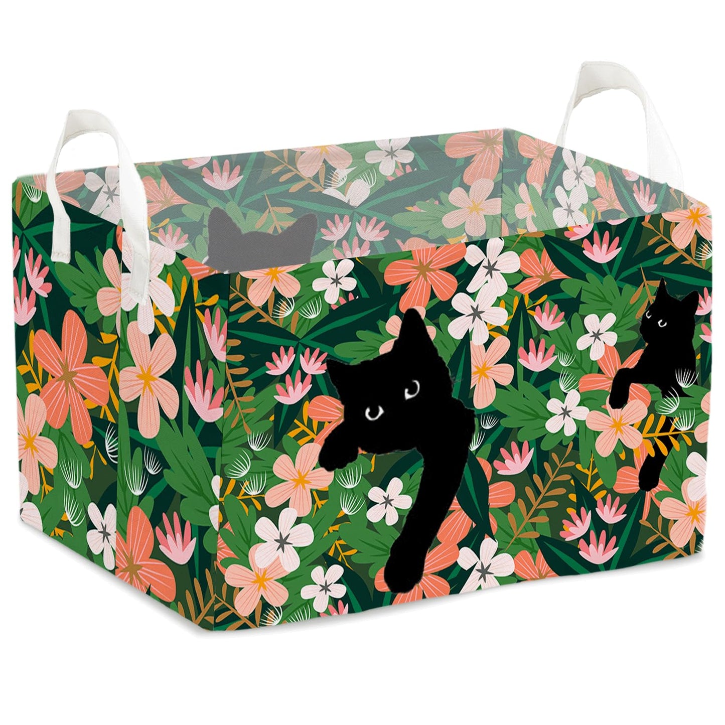 Cute Black Cat Flowers Storage Basket with Handles, Cats Gift Hamper for Pet Owners, Bin for Pet Lovers, Box for Organizing Clot