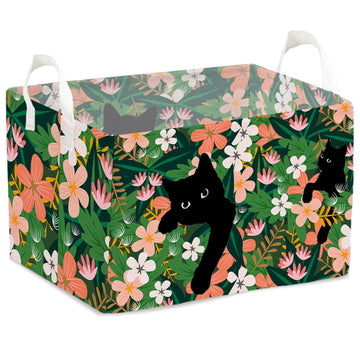 Cute Black Cat Flowers Storage Basket with Handles, Cats Gift Hamper for Pet Owners, Bin for Pet Lovers, Box for Organizing Clot