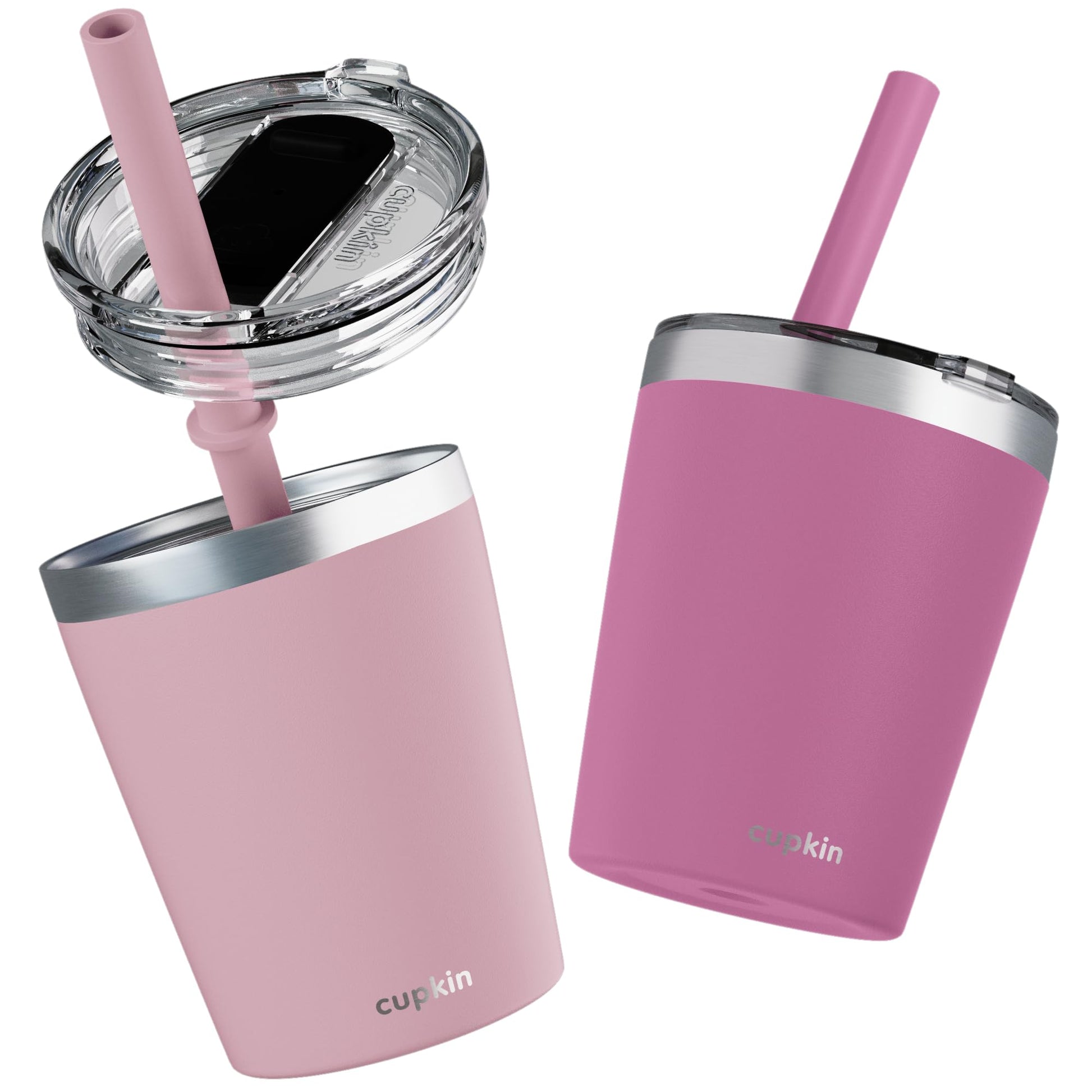 Cupkin Kids Tumblers, The Original 8 Oz Stackable Stainless Steel Kids Cup With Straws, Set Of 2 Powder Coated Insulated Toddler