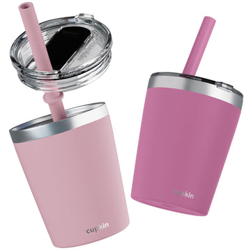 Cupkin Kids Tumblers, The Original 8 Oz Stackable Stainless Steel Kids Cup With Straws, Set Of 2 Powder Coated Insulated Toddler