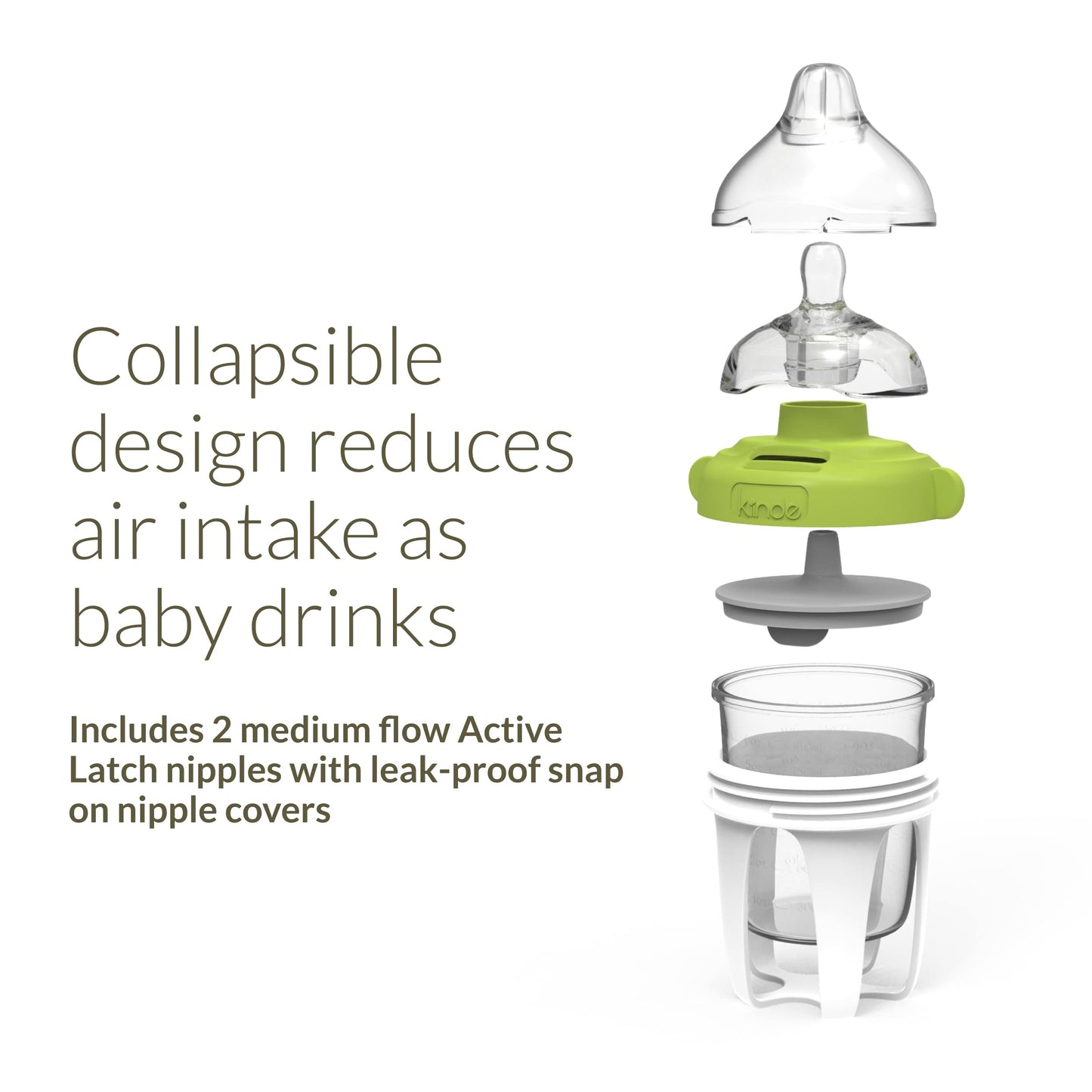 Kiinde Active Latch Silicone Baby Bottle, Anti Colic, Leak Proof, Easy To Clean, Includes 2 Medium Flow Active Latch Nipples Wit