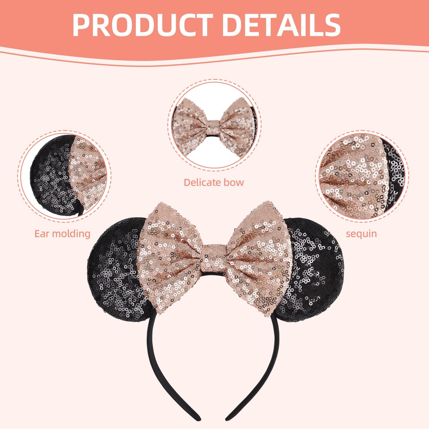 Seamoy Sequin Rose Gold Minnie Ears Headband, Mouse Ears Headband With Bow, Park Ears Princess, Sparkle Classic Red Mice Ears Bo