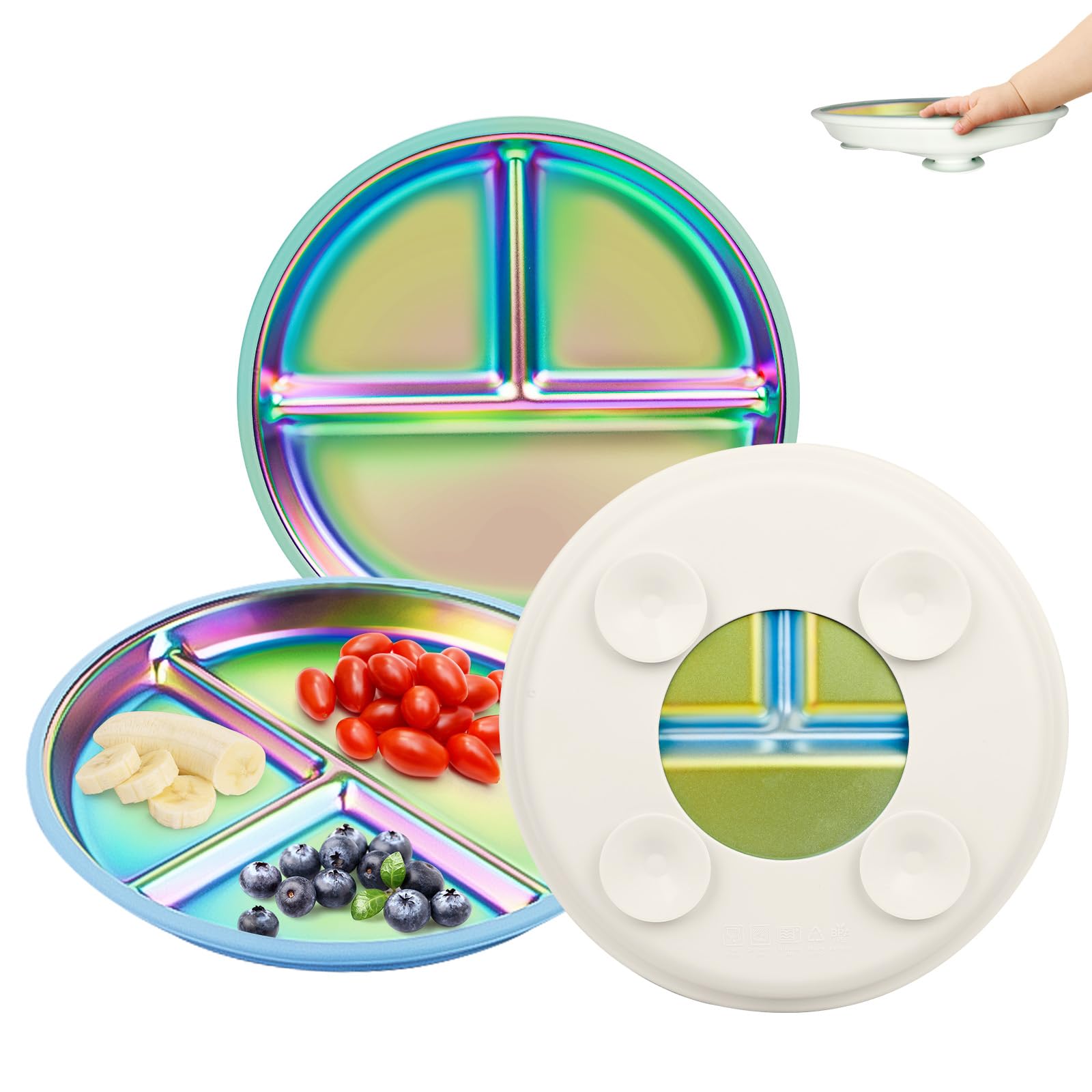 DZDOV Stainless-Steel Baby Plates with Suction: Food Grade & Dishwasher Safe - Baby Led Weaning Supplies for Toddlers - High Cha