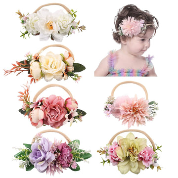 Cinaci 6 Pack Delicate Floral Rose Daisy Flower Super Stretchy Soft Nylon Headbands Hair Bands Accessories For Baby Girls Newbor