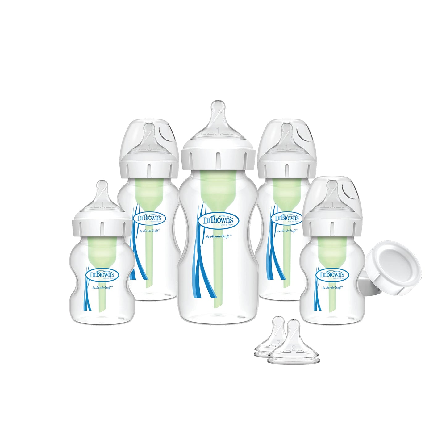 Dr. Brown'S Natural Flow Anti-Colic Options+ Wide-Neck Baby Bottle Newborn Feeding Set With Baby Bottle Travel Caps