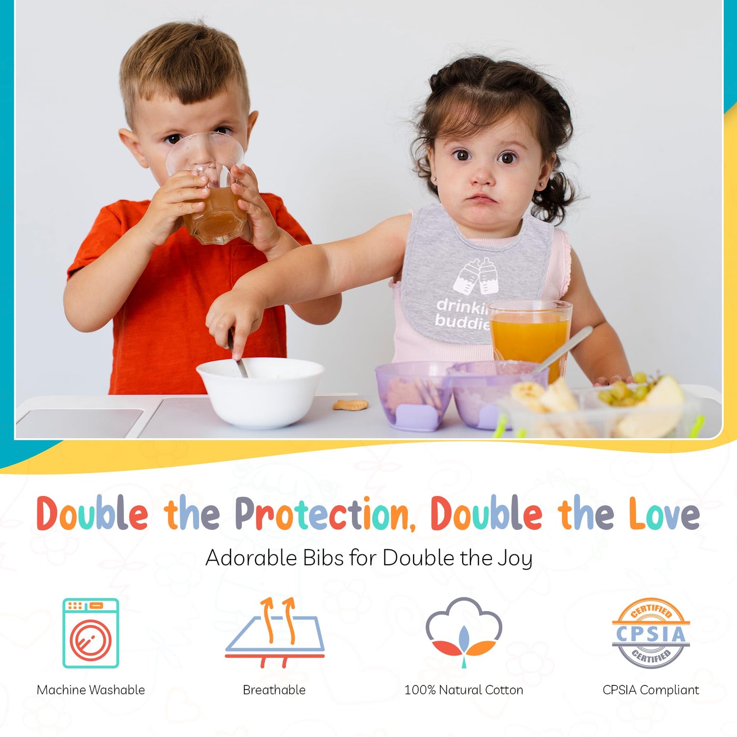Twinstuff 100% Cotton Drinking Buddies Twin Bibs - Cute & Practical Unisex Bibs For Boys And Girls With Waterproof Backing - Ide