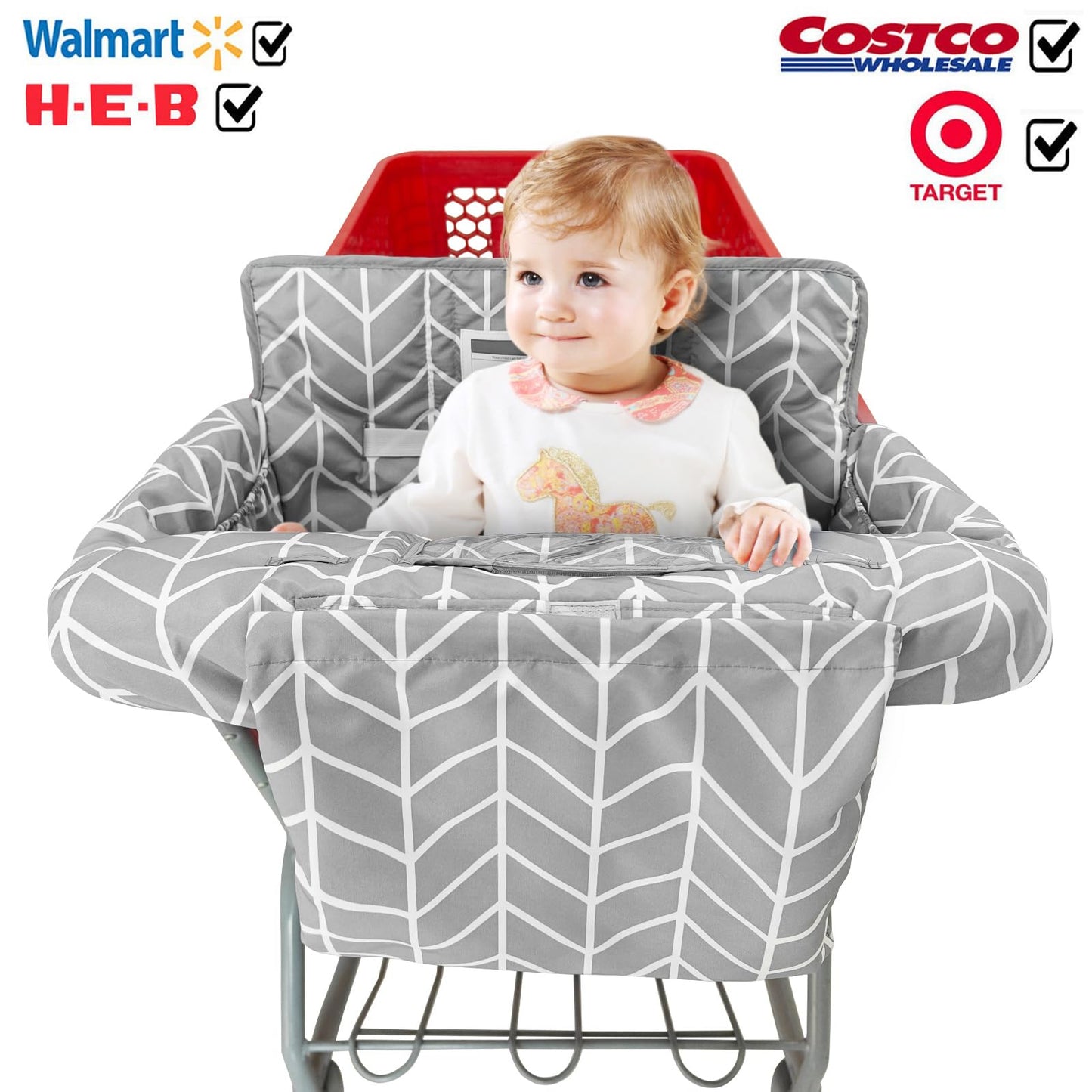 2-In-1 Shopping Cart And High Chair Cover For Baby, Padded Cover, Fold'N Roll Style, Portable With Carry Bag (Gray Arrow)
