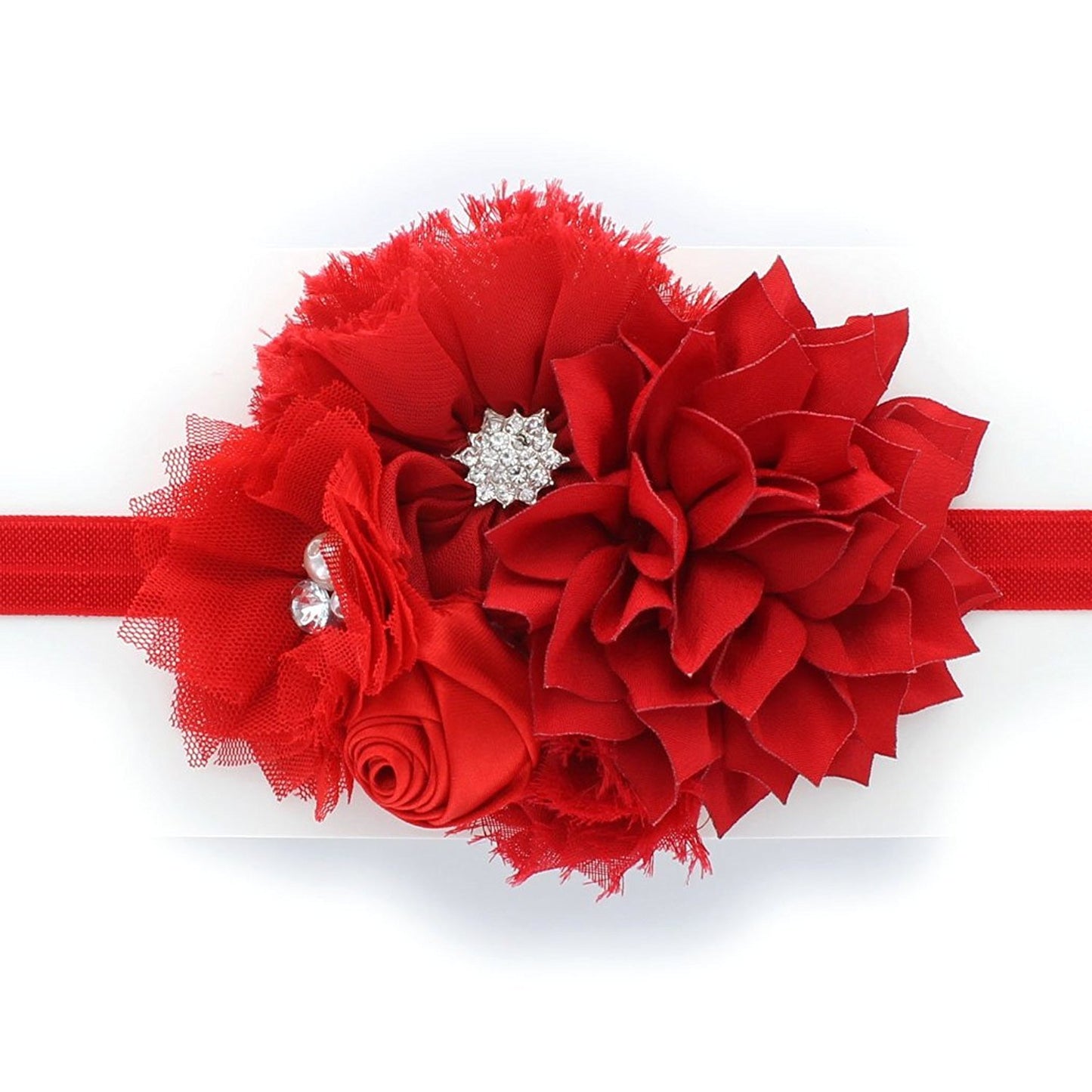 My Lello Headband Shabby Fabric Flower Cluster Baby - Infant - Toddler - Girl Stretchy Elastic Red