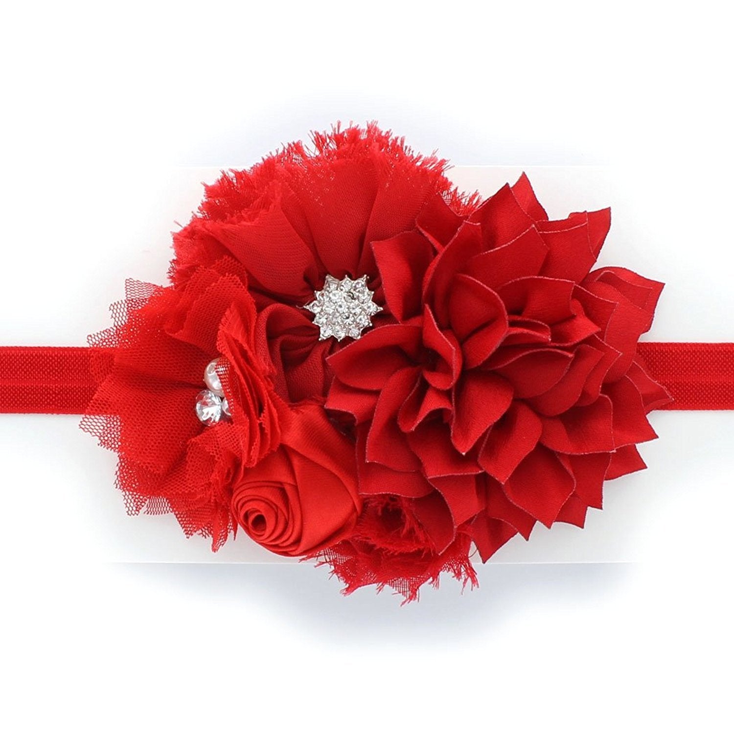 My Lello Headband Shabby Fabric Flower Cluster Baby - Infant - Toddler - Girl Stretchy Elastic Red