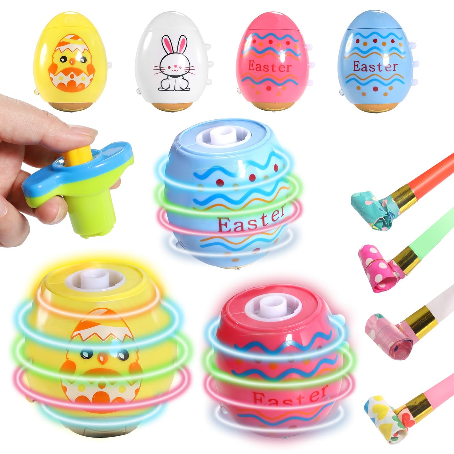 Easter Eggs Toys,4 Pack Easter Egg Spinning Tops With Flash & Music,Easter Gifts For Kids Easter Basket Essentials Stuffers,East