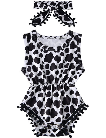 Infant Girls Cow Print Rompers For Toddlers Cute Black And White Dots Bodysuits Crewneck Buttons Snap Design Jumpsuits With Tass