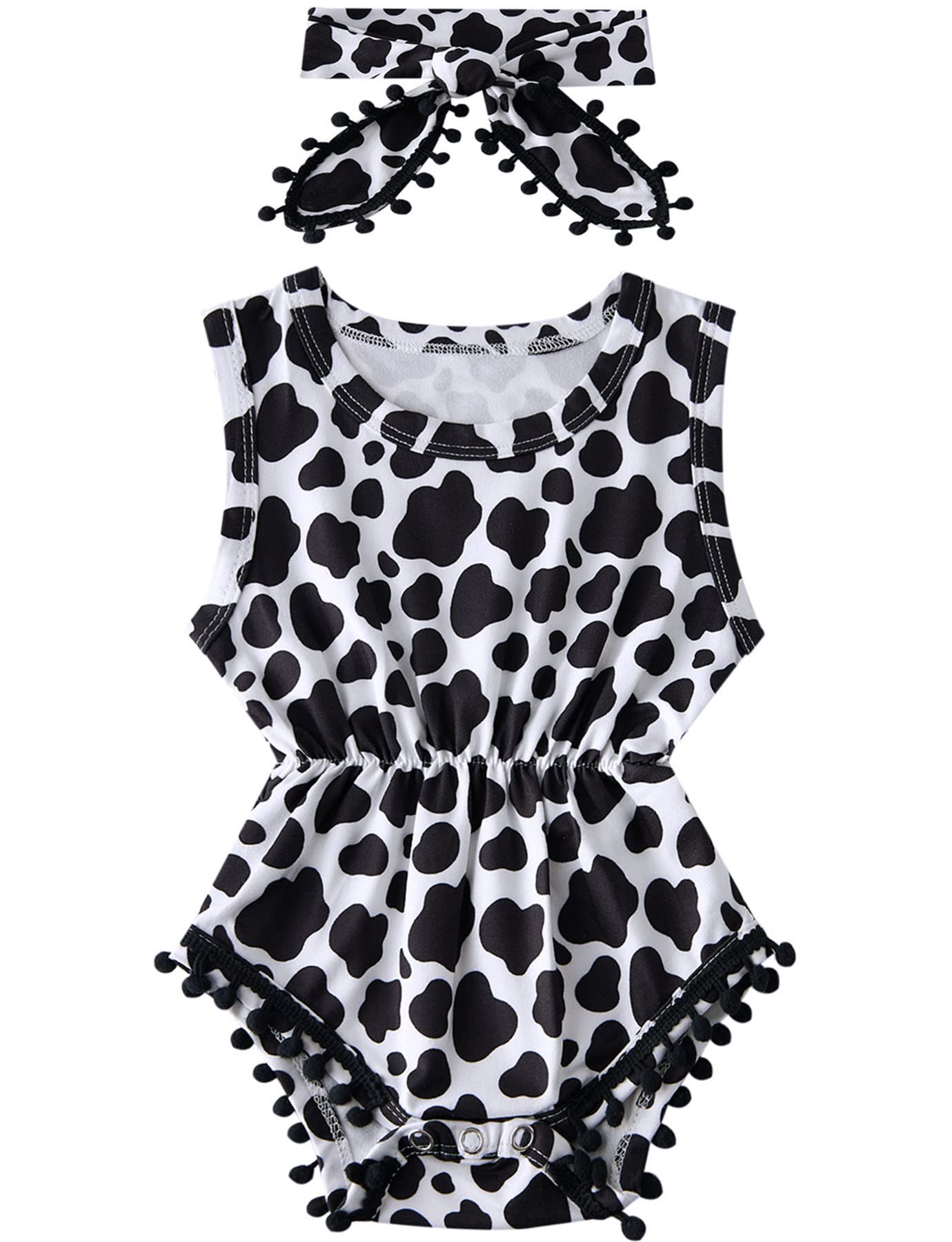 Newborn Girls Black And White Jumpsuits 3D Printed Cute Cow Dots Onesie For Babys Summer Sleeveless Pom Pom Lace One Piece Plays