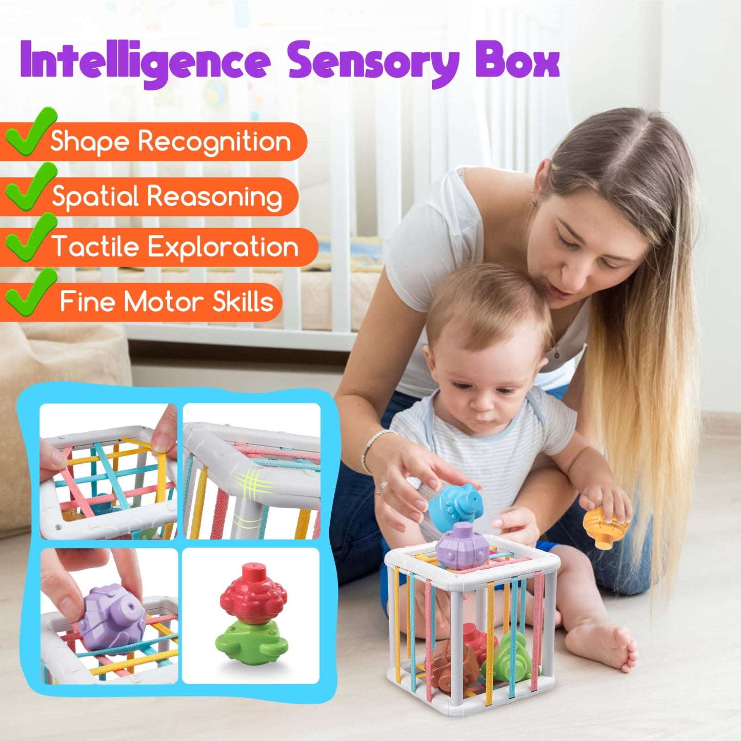 Wuzhineisn Montessori Baby Toys for Ages 6-18 Months - Pull String Teether, Stacking Blocks, Sensory Shapes Storage Bin, Infant