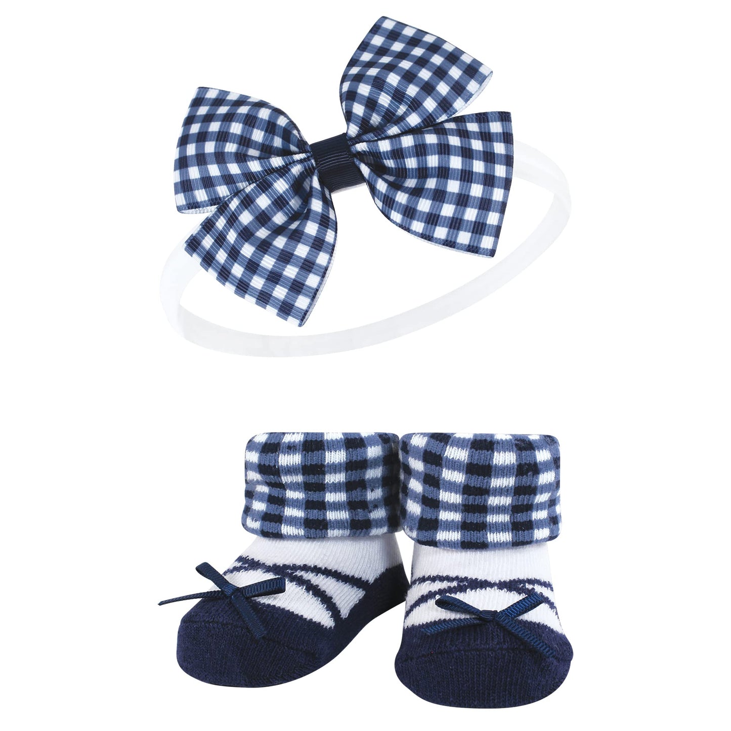 Hudson Baby Infant Girl Headband And Socks Giftset, Navy Gingham, One Size