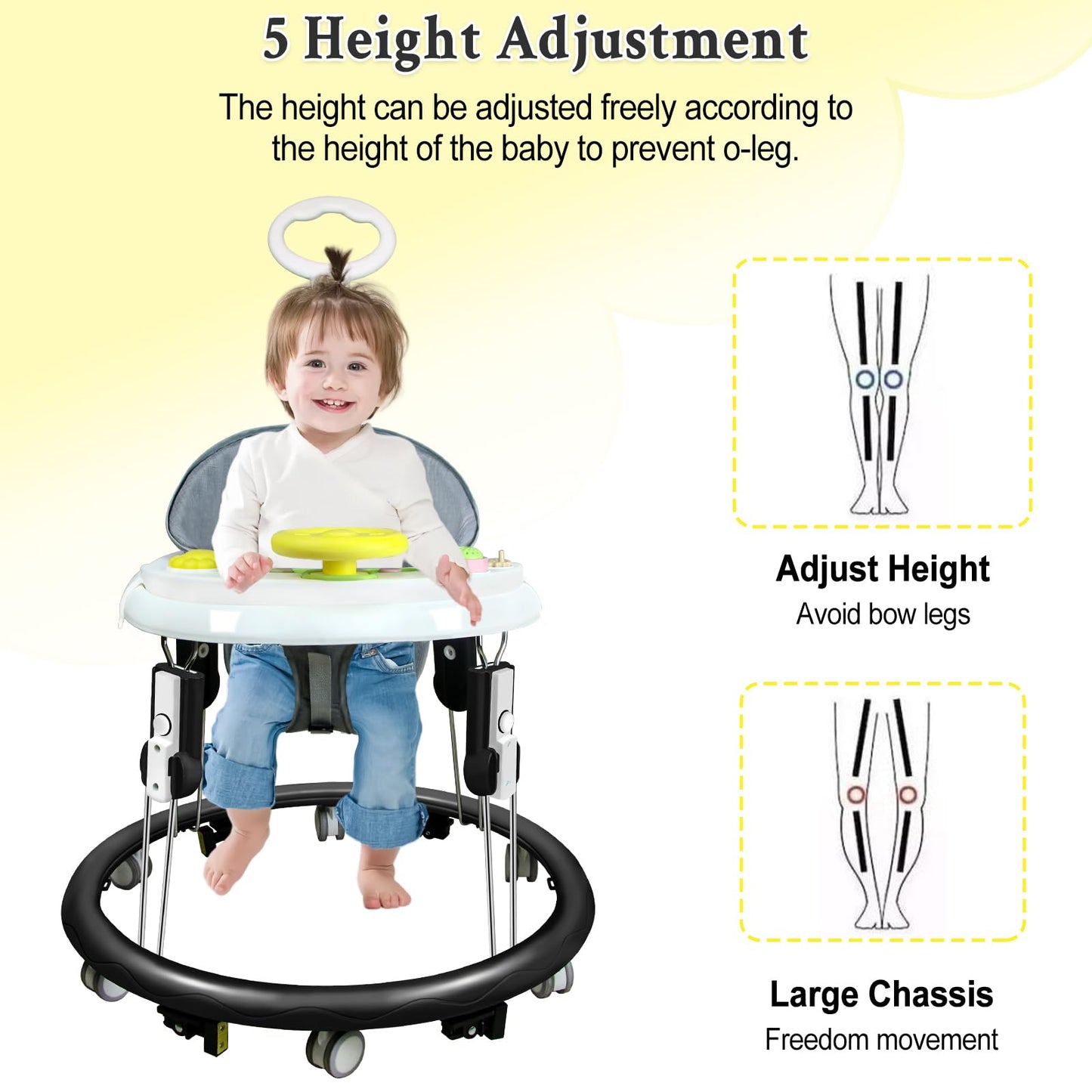 Foldable Baby Walker For Boys And Girls, 5-In-1 Baby Walker With Wheels, Adjustable Height Toddler Activity Walker With Music Tr