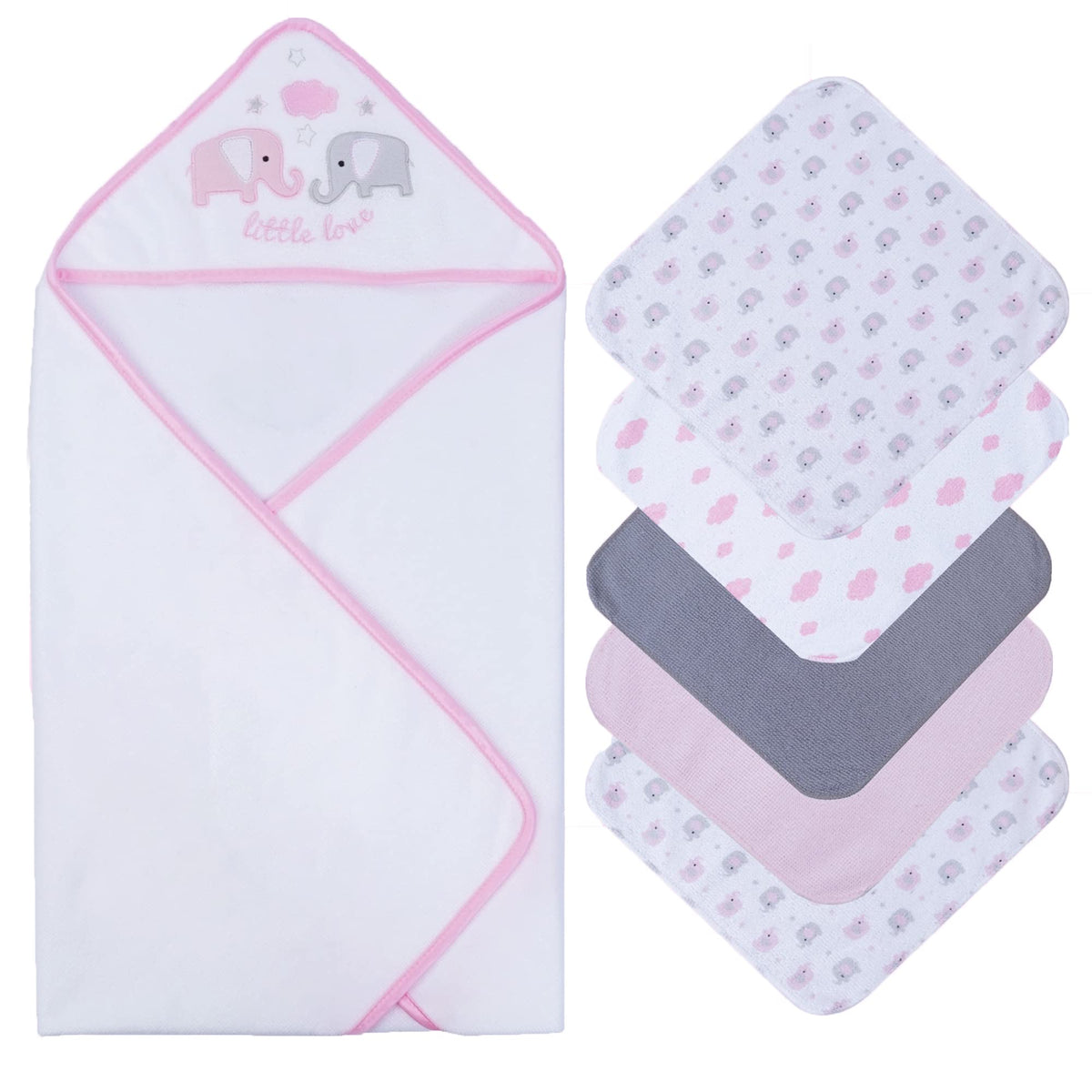 Softan Baby Hooded Bath Towel and Washcloths, Extra Soft and Ultra Absorbent, 6 Pack Gift for Newborn and Infants, Pink Elephant