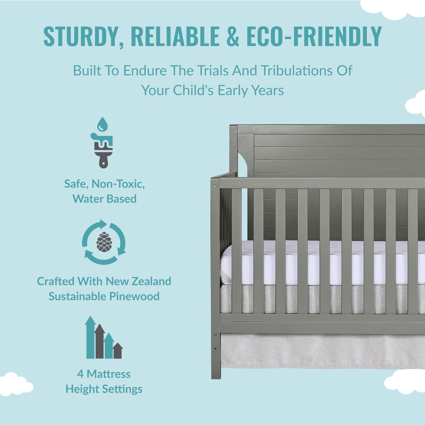 Dream On Me Cape Cod 5-In-1 Convertible Crib In Storm Grey, Greenguard Gold Certified, 55X30X44.5 Inch (Pack Of 1)