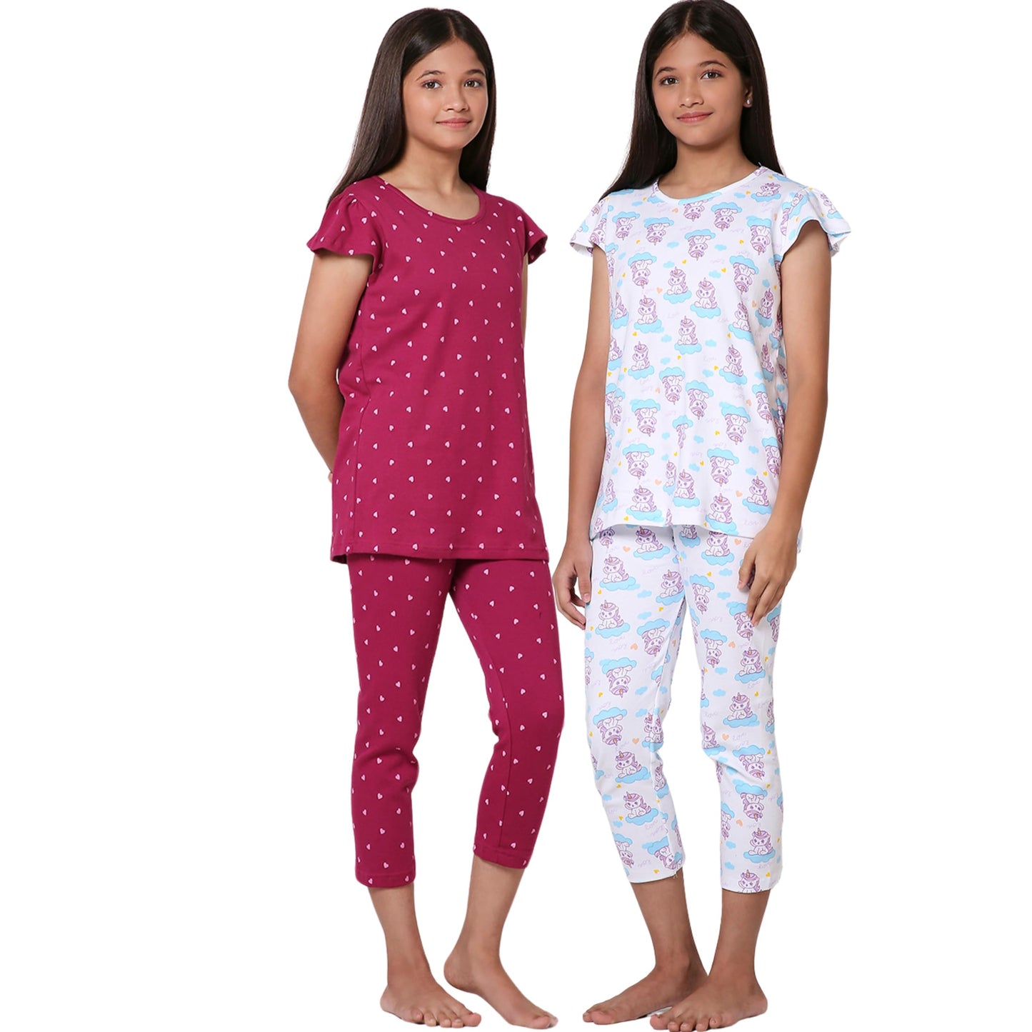 TotzTouch Girls Cotton Pyjama Set Printed T Shirt Capri Pant (3/4 th Pant) Night Dress (Pink Heart and Unicorn Design) Age 13 to