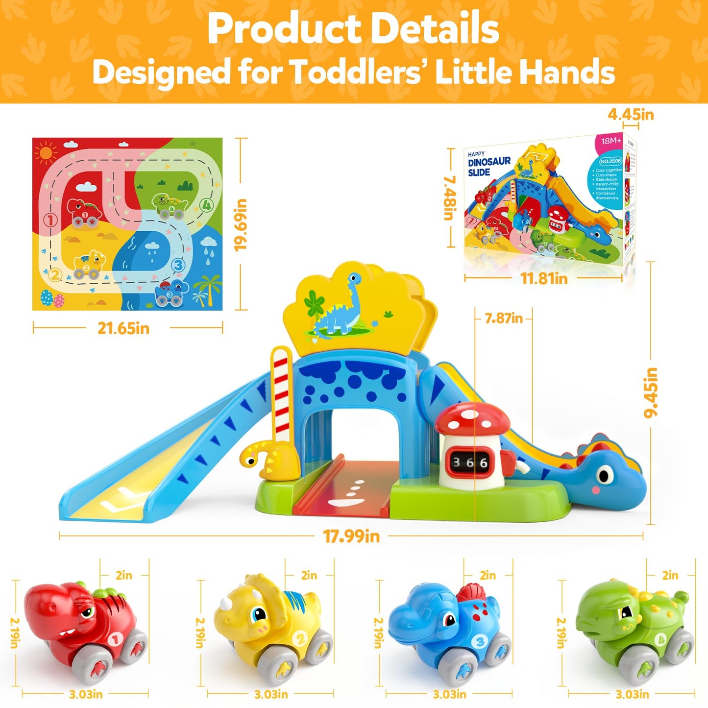 Toddler Toys for 1 Year Old Boy Gifts - Educational Dinosaur Slide Set with 4 Color/Number Push Cars and Playmat, Montessori Lea