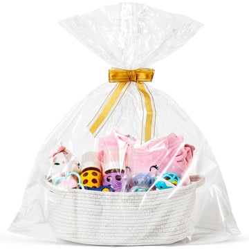 Small Woven Basket With Gift Bags And Ribbons, Empty Decorative Gift Chest Box, Cute Baby Gift Basket For Nursery, Cotton Rope R