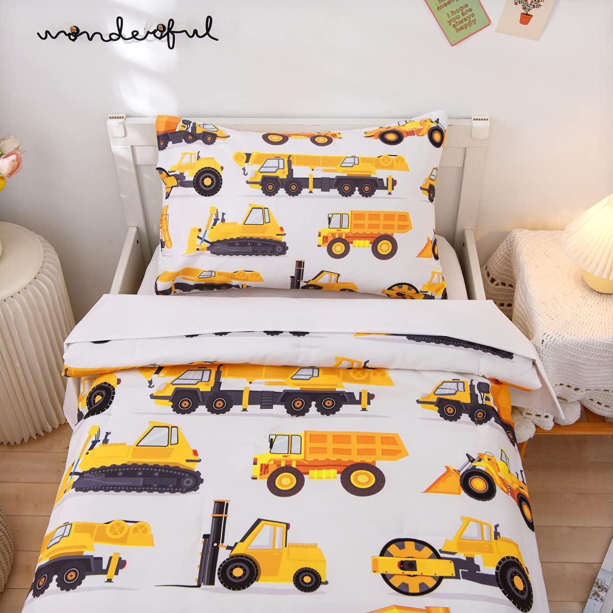 Ntbed 4 Pieces Construction Toddler Bedding Set For Baby Boys, Truck Vehicles Excavator Cars Printed, Includes Comforter, Flat S