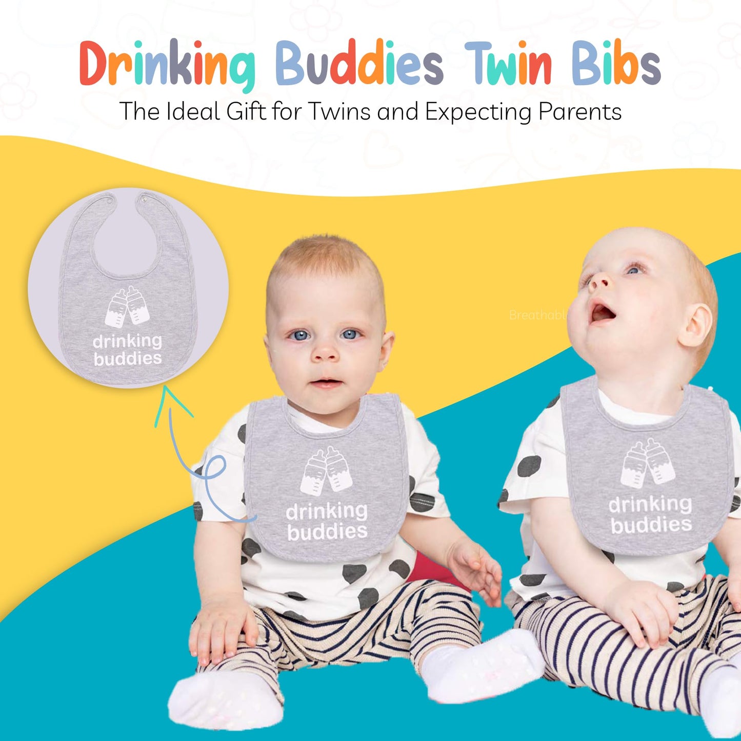 Twinstuff 100% Cotton Drinking Buddies Twin Bibs - Cute & Practical Unisex Bibs For Boys And Girls With Waterproof Backing - Ide